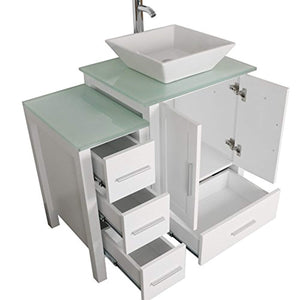 48" White Bathroom Vanity Glass Top Painted MDF Wood Cabinet Single Vessel Ceramic Sink w/Faucet&Mirror - EK CHIC HOME