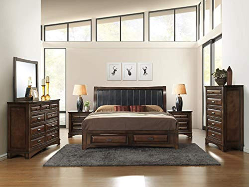CHIC Light Espresso Finish Queen Storage Bed, Dresser, Mirror, 2 Night Stands, Chest Wood Bed Room Set - EK CHIC HOME