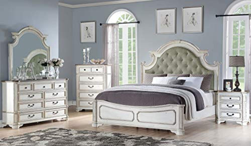 4pc Antique Traditional White Finish Linen Blend Fabric Queen Size Bed Set - EK CHIC HOME