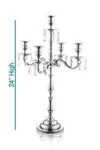 Traditional 24 Inch Silver 5 Candle Candelabra With Crystal Drops - EK CHIC HOME
