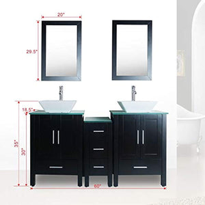 60" Double Sink Bathroom Vanity Black Paint Glass Top MDF Cabinet w/Mirror Faucet&Drain set - EK CHIC HOME