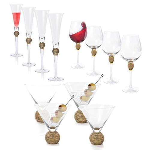 Gold Biarritz Glassware, Set of 12: 4 Wine glasses, 4 Champagne Flutes, 4 Martini glasses - EK CHIC HOME