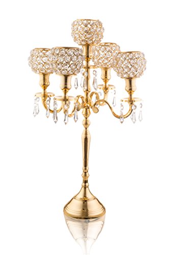 Classic 5 Candle Gold Candelabra With Crystal Studded Globes And Hanging Crystal Drops 18 Inch, Gold - EK CHIC HOME