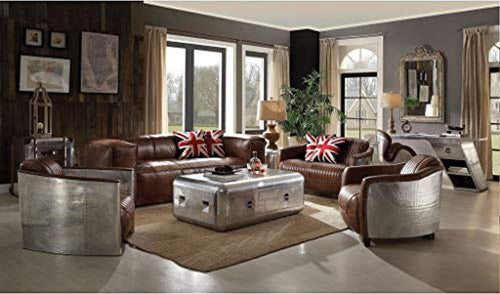 CHIC LUXURY Design Brown Top Grain Leather Aluminum Panel Living Room 4pc Sofa Set - EK CHIC HOME
