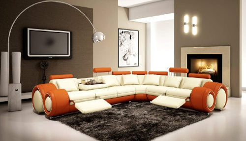 Orange & Off-white Bonded Leather Sectional Sofa With Built-in Footrests - EK CHIC HOME