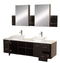 Load image into Gallery viewer, 72 inch Double Bathroom Vanity in Espresso, White Man-Made Stone Countertop, Pyra White Porcelain Sinks, and Medicine Cabinets - EK CHIC HOME