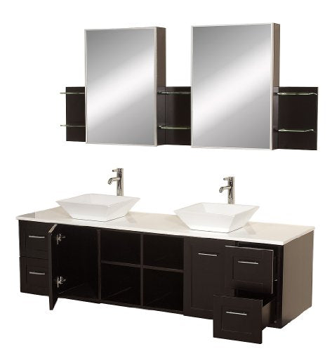 72 inch Double Bathroom Vanity in Espresso, White Man-Made Stone Countertop, Pyra White Porcelain Sinks, and Medicine Cabinets - EK CHIC HOME