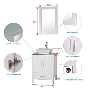 48" Double Sink Bathroom Vanity Cabinet Glass Top White Wood w/Mirror Faucet and Drain - EK CHIC HOME