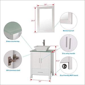 48" White Bathroom Vanity Glass Top Painted MDF Wood Cabinet Single Vessel Ceramic Sink w/Faucet&Mirror - EK CHIC HOME