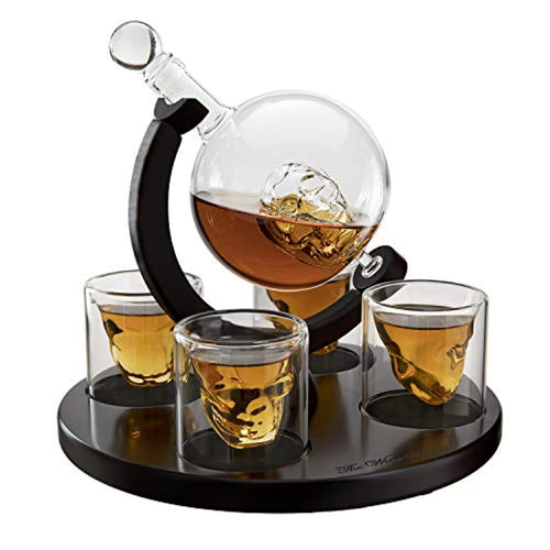 Large Skull Decanter 4 Glasses - Beautiful Wooden Base - EK CHIC HOME