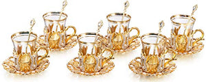 (Set of 6) Turkish Tea Glasses Set with Saucers Holders Spoons, Decorated with Swarovski and Pearl - EK CHIC HOME