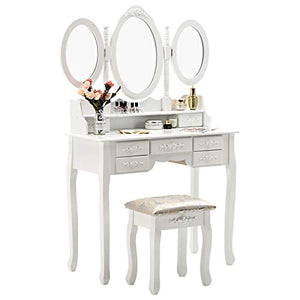 Vanity Table Set  with Mirror Stool  with 7 Drawers - EK CHIC HOME