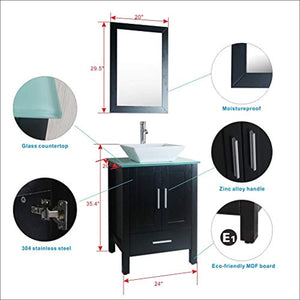 48" Double Sink Bathroom Vanity Combo Glass Top Black Paint Cabinet w/Mirror Faucet and Drain set - EK CHIC HOME