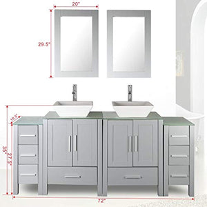 72" Double Sink Grey Bathroom Vanity Modern Design Glass Top w/Mirror Faucet&Drain - EK CHIC HOME