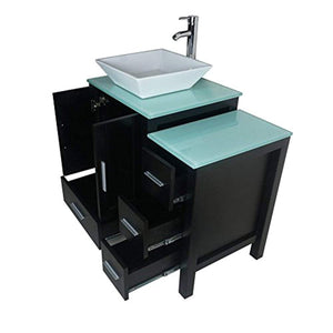 36" Black Bathroom Vanity Cabinet Single Sink Glass Top Paint MDF Wood w/Faucet Mirror&Drain set - EK CHIC HOME