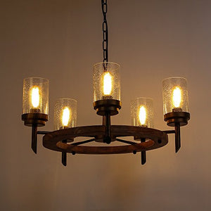 5-Lights Annular Metal Wood Pendant Lamp with Glass Rustic - EK CHIC HOME