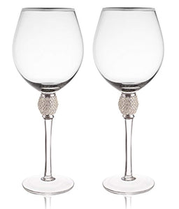 Set of 2 Wine Glasses - Rhinestone"DIAMOND" Studded With Silver Rim - EK CHIC HOME