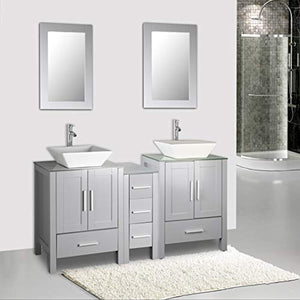 60" Double Sink Gray Bathroom Vanity Paint MDF Wood Cabinet Glass Top w/Mirror, Faucet&Drain Set - EK CHIC HOME