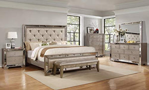 EVA Mirrored 6 Pcs Bedroom Set with 5 Drawer Chest, King, Silver/Bronze - EK CHIC HOME