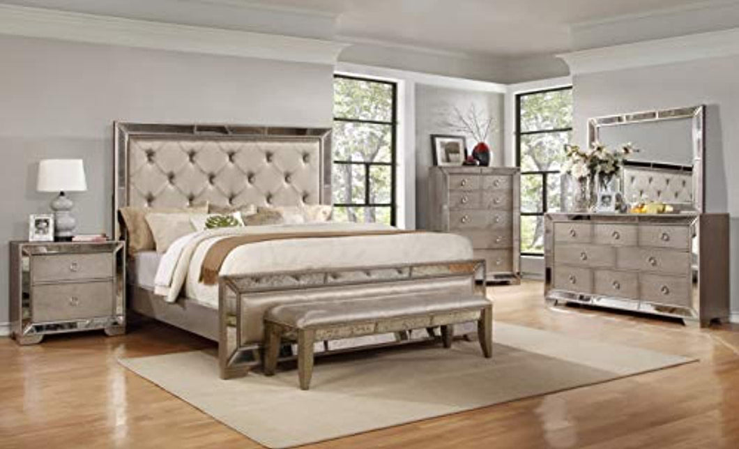 EVA Mirrored 6 Pcs Bedroom Set with 5 Drawer Chest, King, Silver/Bronze - EK CHIC HOME