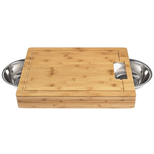 Large Bamboo Cutting Board with Stainless Steel Bowls and Juice Groove - EK CHIC HOME