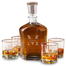 Load image into Gallery viewer, Personalized Whiskey Decanter 4 Low Ball Glasses Gift Set Monogrammed with Name and Initial - Stamped - EK CHIC HOME