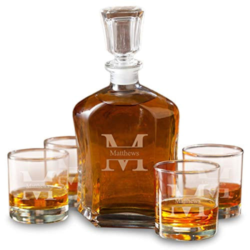 Personalized Whiskey Decanter 4 Low Ball Glasses Gift Set Monogrammed with Name and Initial - Stamped - EK CHIC HOME