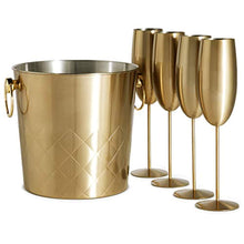Load image into Gallery viewer, Brushed Gold Champagne Bucket with 4 Gold Champagne Flutes Glasses - EK CHIC HOME