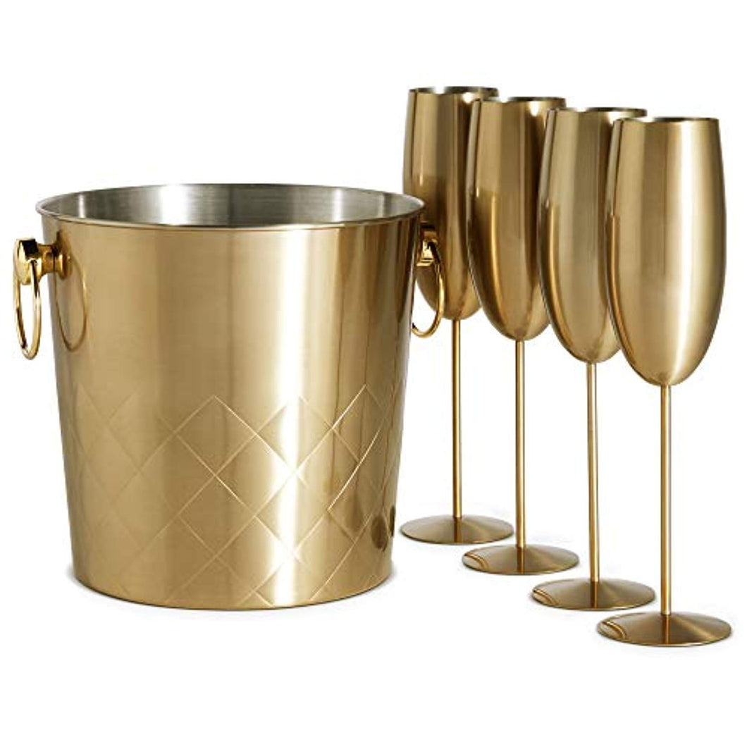 Brushed Gold Champagne Bucket with 4 Gold Champagne Flutes Glasses - EK CHIC HOME