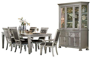 Hollywood Glam 8PC Dining Set Table, 2 Arm Chair, 4 Chair, Buffet & Hutch in Silver - EK CHIC HOME