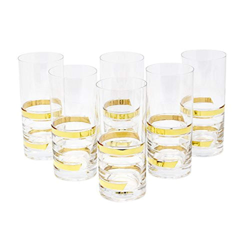 CrystalSet of 6 Handcrafted Highball Glasses with Real Gold Wide-Rimmed Detailing - EK CHIC HOME