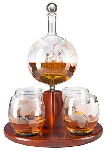 Etched World Decanter Globe Decanter, with Antique Ship and 4 World Map Glasses - EK CHIC HOME