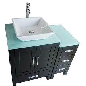 36" Black Bathroom Vanity Cabinet Single Sink Glass Top Paint MDF Wood w/Faucet Mirror&Drain set - EK CHIC HOME