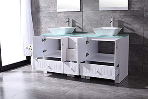 60" White Double Bathroom Vanity Cabinets and Square Ceramic Vessel Sinks w/Mirrors Faucet Drain Combo - EK CHIC HOME