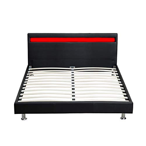 Modern Full Bed Metal Frame Contemporary Upholstered Black Leather Wood Slat Platform - EK CHIC HOME