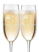 Load image into Gallery viewer, Custom Engraved Champagne Flutes - Butterfly Design - Choose Set of 16 - Laser Engraved with Name and Date (Set of 16) - EK CHIC HOME