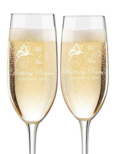 Custom Engraved Champagne Flutes - Butterfly Design - Choose Set of 16 - Laser Engraved with Name and Date (Set of 16) - EK CHIC HOME