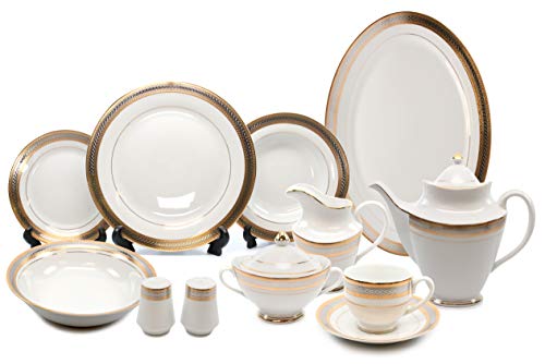 Royalty Porcelain Silver and Gold 49-pc Dinnerware Set 'Damascus', Premium Bone China - EK CHIC HOME