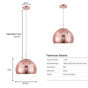 Adjustable Mirror Ball Pendant Light Rose Gold, 12 inches - EK CHIC HOME