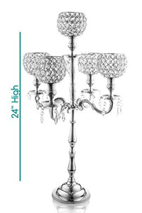 5 Candle Silver Candelabra With Crystal Studded Globes And Hanging Crystal Drops - Elegant Wedding Party Centerpiece - 24 Inch - EK CHIC HOME