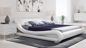 Modern White Leather Queen Size Platform Marlo Bed - EK CHIC HOME