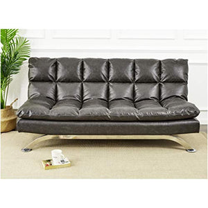 Geneva Faux-Leather Futon Couch with Stainless-Steel Legs, Charcoal Black - EK CHIC HOME