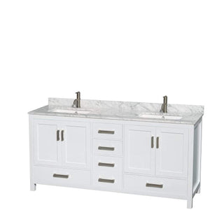 72 inch Double Bathroom Vanity in White, White Carrara Marble Countertop, Undermount Square Sinks, and 70 inch Mirror - EK CHIC HOME
