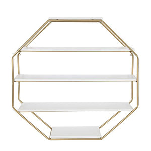 Lintz Large Octagon Floating Wall Shelves with Metal Frame, Gold and White - EK CHIC HOME