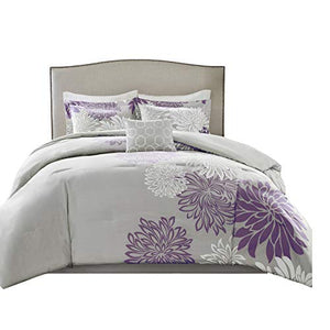 5 Piece Purple, Grey Floral Printed Full/Queen Size - EK CHIC HOME