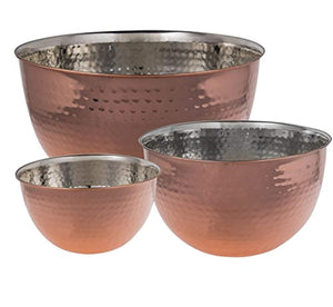 Set Of 3 Copper Hammered Mixing Bowls With Stainless Steel Interior Finish - EK CHIC HOME