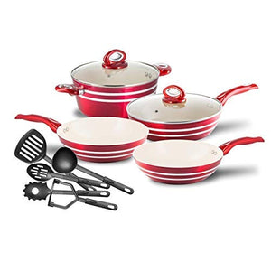 Nonstick Pots and Pans Set Professional Grade 11 Piece Red and Cream - EK CHIC HOME