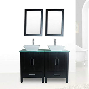 48" Double Sink Bathroom Vanity Combo Glass Top Black Paint Cabinet w/Mirror Faucet and Drain set - EK CHIC HOME