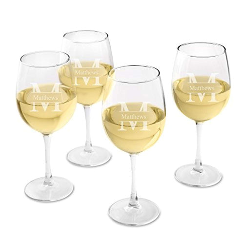 Personalized White Wine Glass Set of 4 - Engraved Wine Glasses - Stamped Monogram - EK CHIC HOME