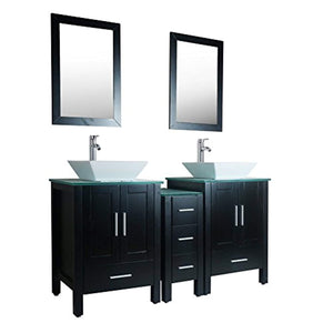 60" Double Sink Bathroom Vanity Black Paint Glass Top MDF Cabinet w/Mirror Faucet&Drain set - EK CHIC HOME